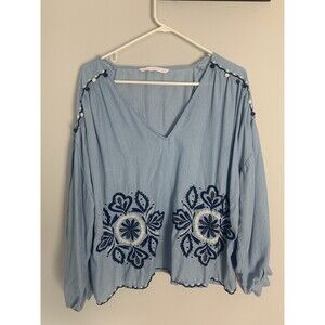 ZARA chambray Embroidered Beaded Pom Pom Peasant Blouse Top Oversized XS